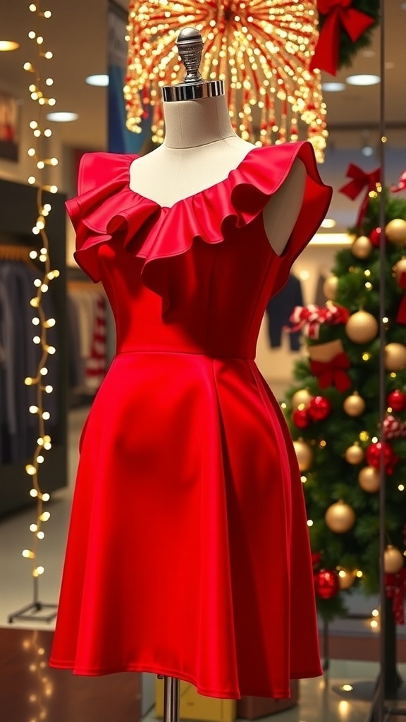 Zara red Christmas dress on a mannequin with festive decorations.